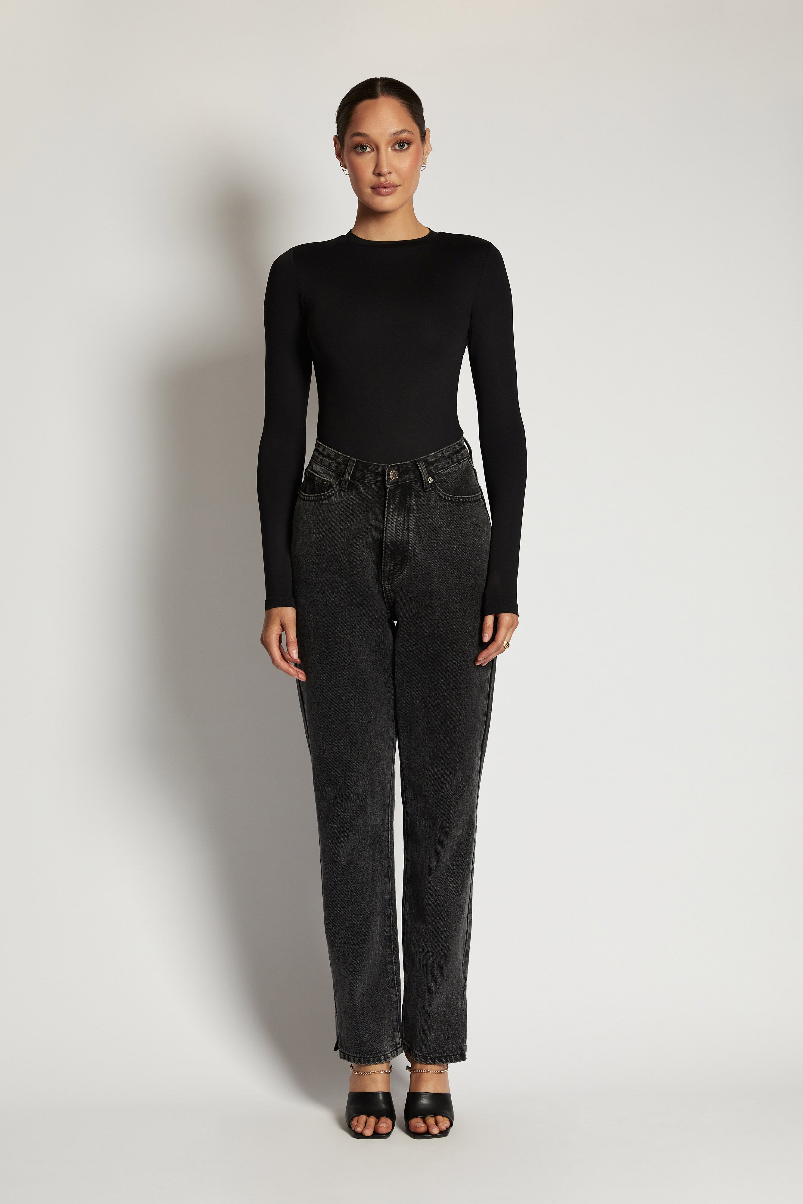 Delilah Long Sleeve Crew Neck Bodysuit - Black、mySite、solidvoid