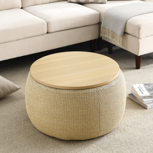 Round Storage Ottoman, 2 in 1 Function, Work as End table and Ottoman, Grey (25.5"x25.5"x14.5")、、casual