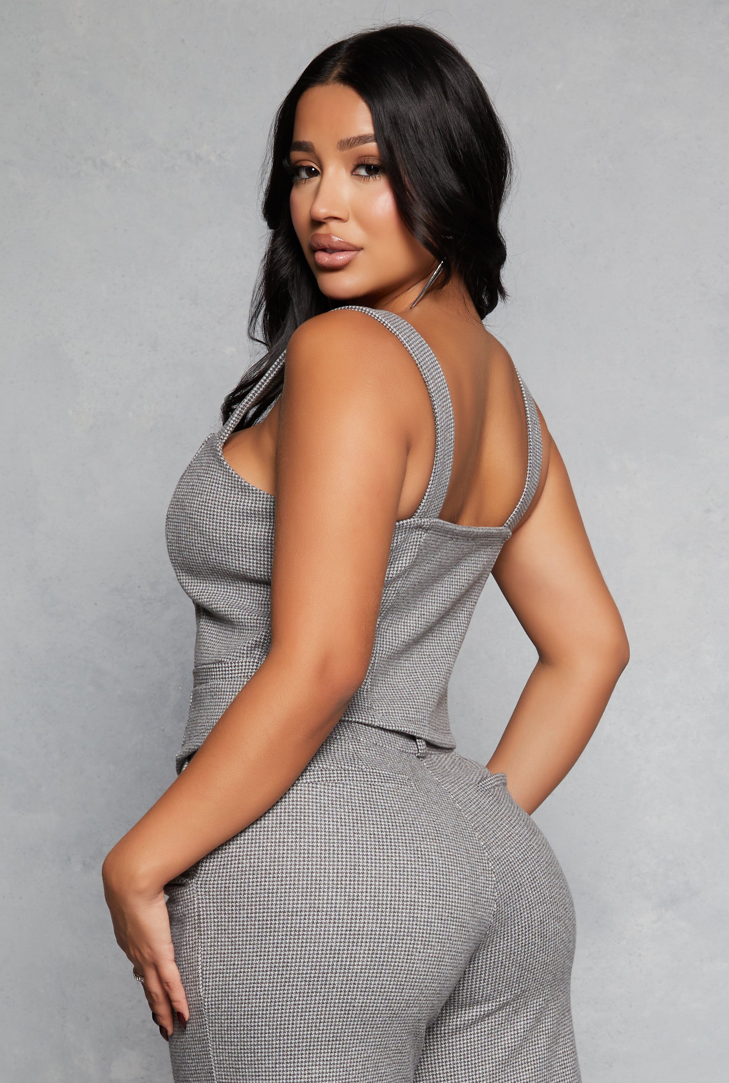 Houndstooth Square Neck Button Front Vest、mySite、camillekostekn