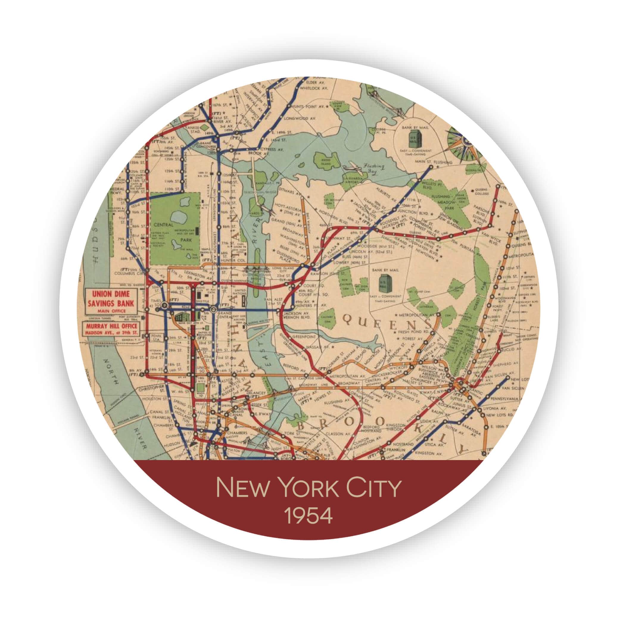  New York City 1954 Vintage Map Sticker、mySite、elrpsem3k
