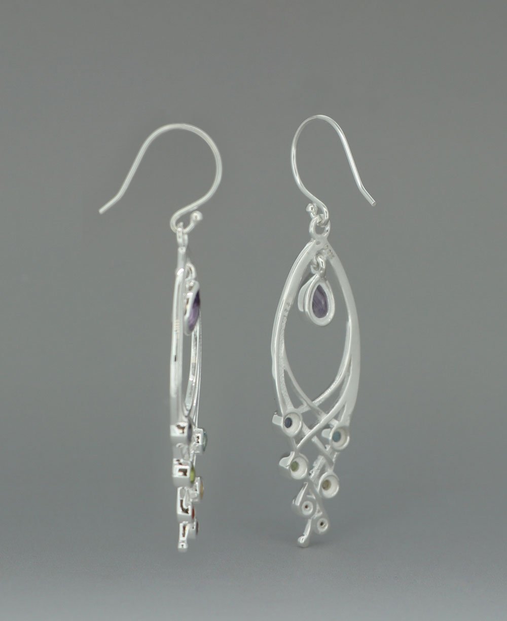 Premium Leaf Shaped Sterling Silver Chakra Gemstone Dangle Earrings、mySite、topwebapps