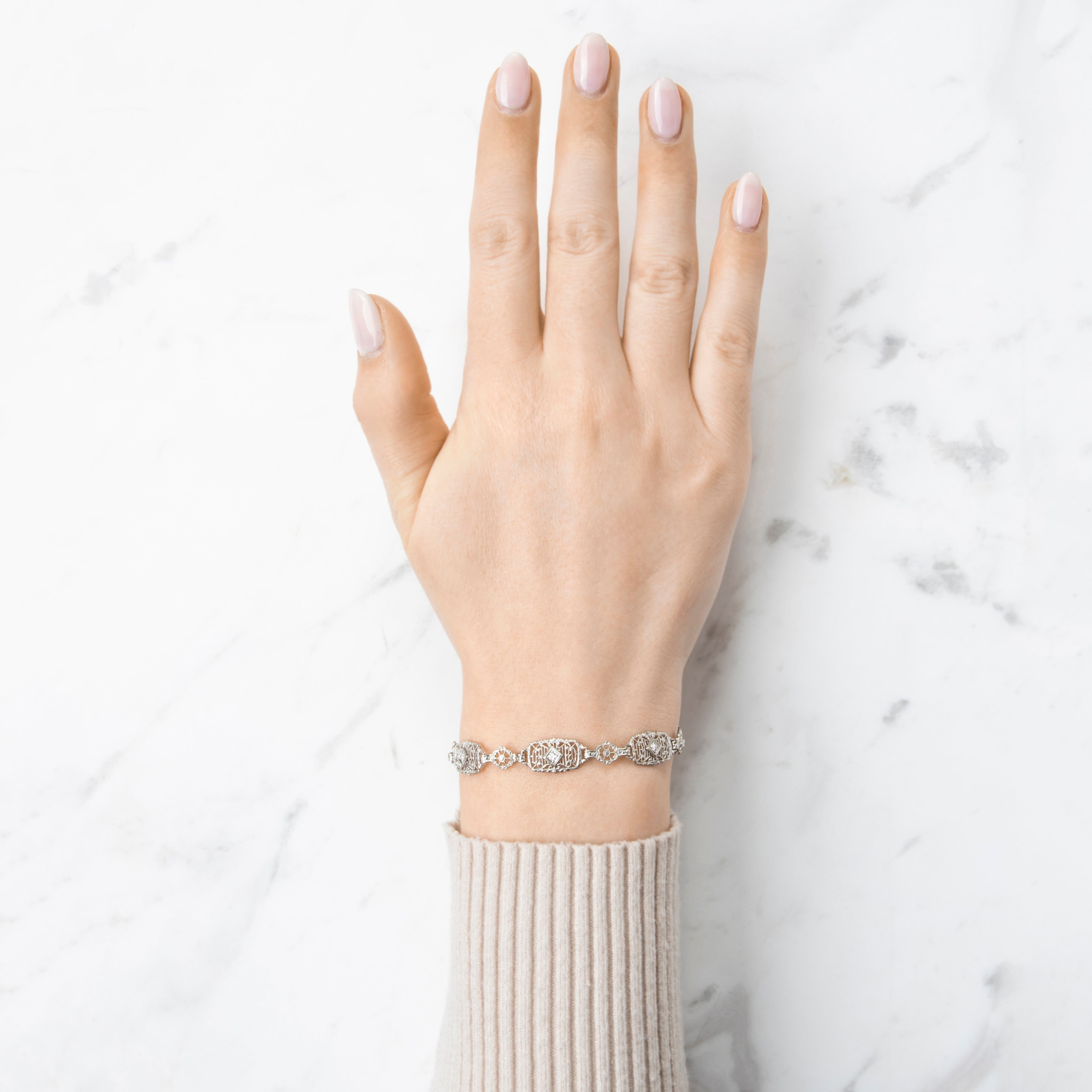 Antique Art Deco 14k White Gold Diamond Incredible Filigree Bracelet 7、mySite、hinf8tx79