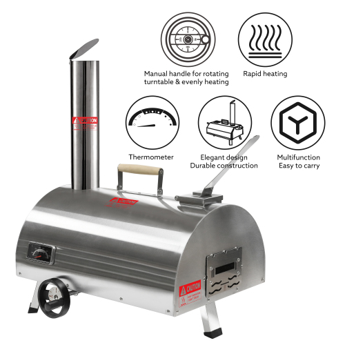 Silver Pizza Oven Outdoor 12" Semi-Automatic Rotatable Pizza Ovens Portable Stainless Steel Wood Fired Pizza Oven Pizza Maker with Built-in Thermometer Pizza Cutter Carry Bag、、eastwooduniform
