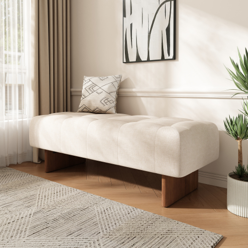  Rectangular Upholstered Tufted Linen Fabric Ottoman Bench, Solid Wood Legs, Beige、、yumabirdnaturehistoryfestival