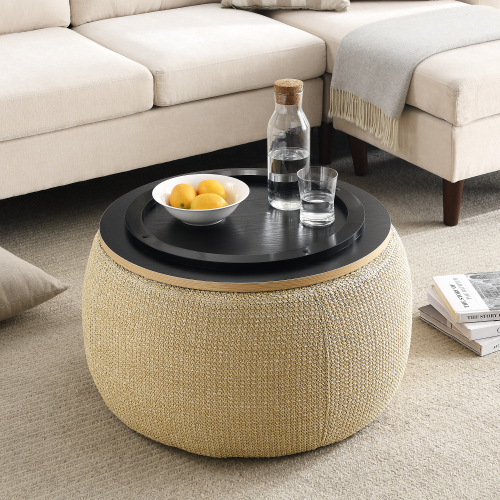 Round Storage Ottoman, 2 in 1 Function, Work as End table and Ottoman, Navy (25.5"x25.5"x14.5")、、casual