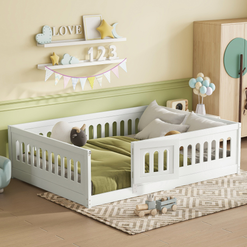 Twin Size Floor Bed with Heightened Safety Guardrails and Door, Solid Wood Bedframe with Rails for Girls, Boys, Teens, Child Bedroom, Kids Playroom, No Slats Included, White、、casual