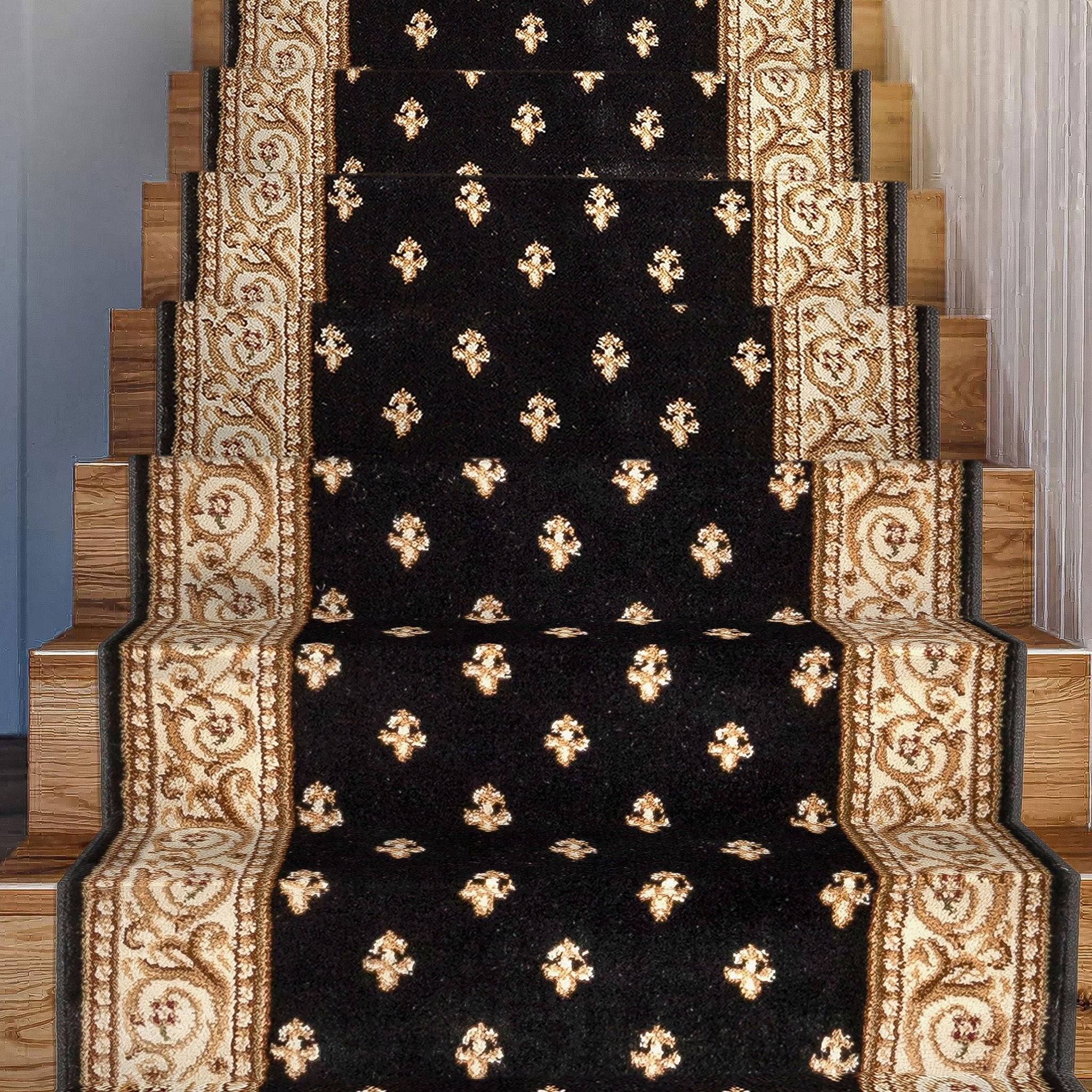 Custom Size Hallway & Stair Runner Fleur de Lis Traditional Black 27 Inch Wide x Choose Your Custom Length Runner Rug、mySite、gigharbornorthrealestate