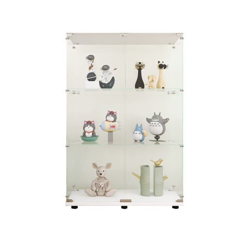 Two-door Glass Display Cabinet 3 Shelves with Door, Floor Standing Curio Bookshelf for Living Room Bedroom Office, 49.3"*31.7"*14.3", White、、casual