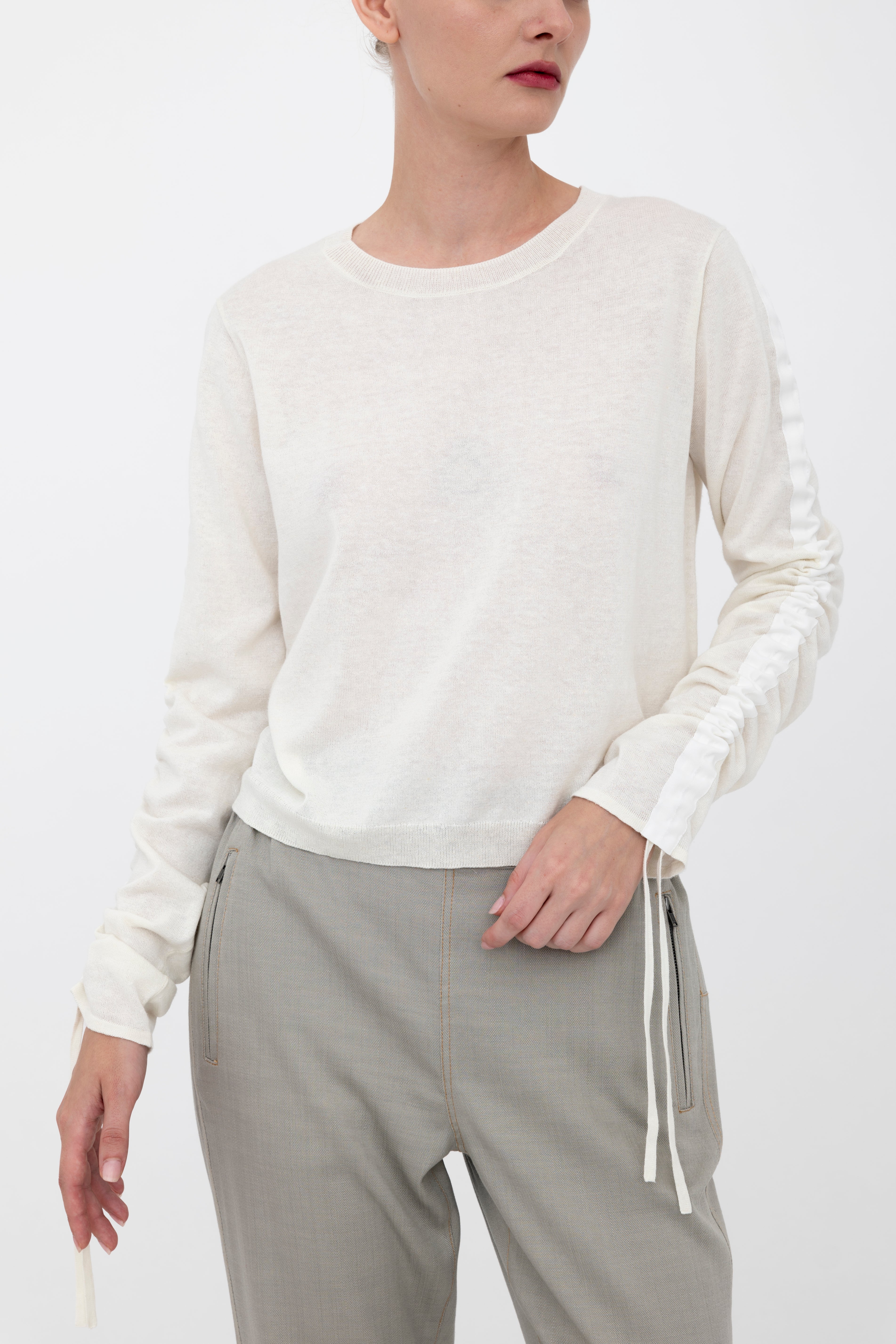 Elaine Kim Briar Organic Cotton Hemp Crew Neck Top with Ruched Sleeves and Grosgrain、mySite、noshort