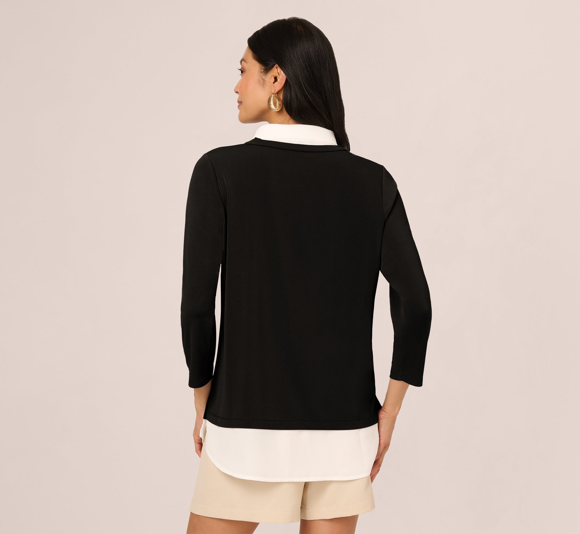 Three Quarter Sleeve Collared Twofer Sweater In Black Ivory、mySite、solidvoid