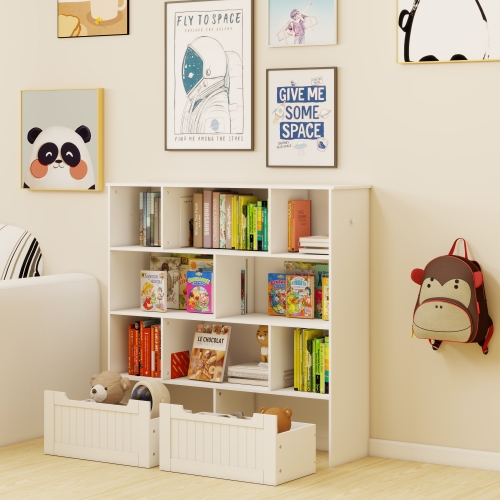 Toy Storage Organizer with 2 Movable Drawers, Multi-Functional 7 Shelf Kids Bookcase with 2 Hooks, Children Book Shelf for Kids Room, Nursery Storage Book Rack for Playroom, Classroom-White、、casual
