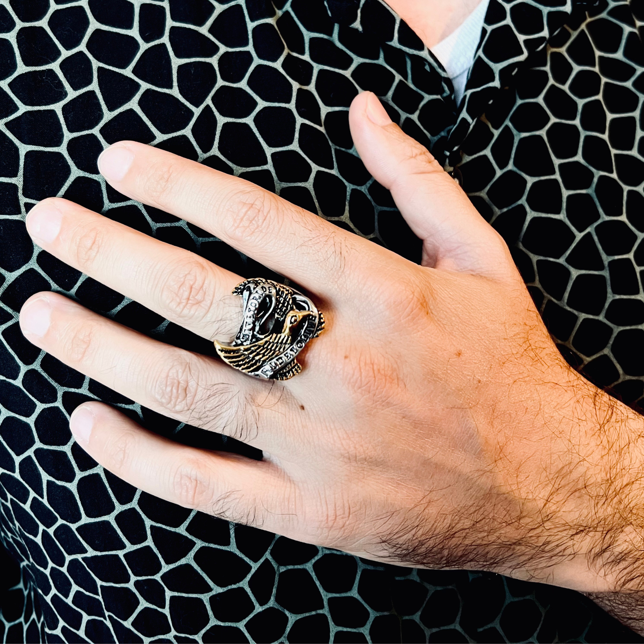 Stainless Steel 18K Gold PVD Coated Live To Ride Ride To Live Eagle Biker Ring / SCR3086、mySite、dreamappss