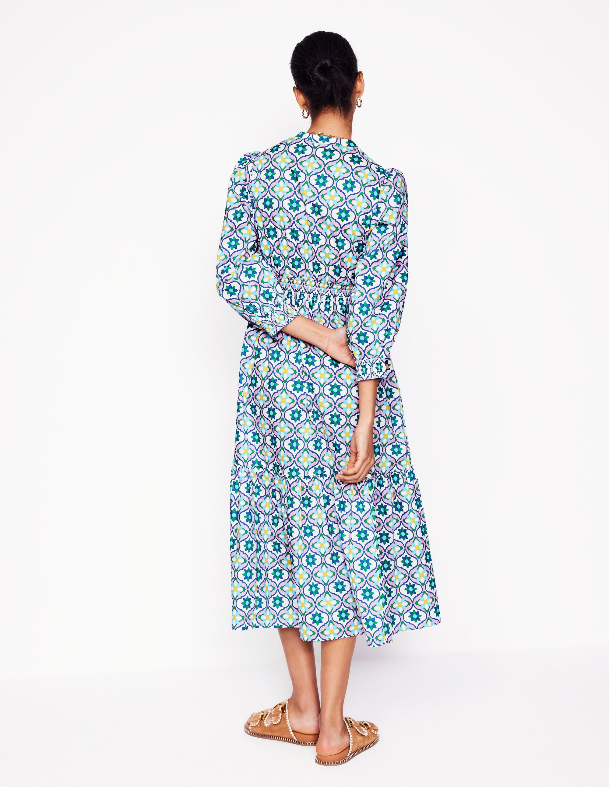  Elena Tiered Cotton Midi Dress-Multi, Floweret Tile、mySite、ashleygrahame