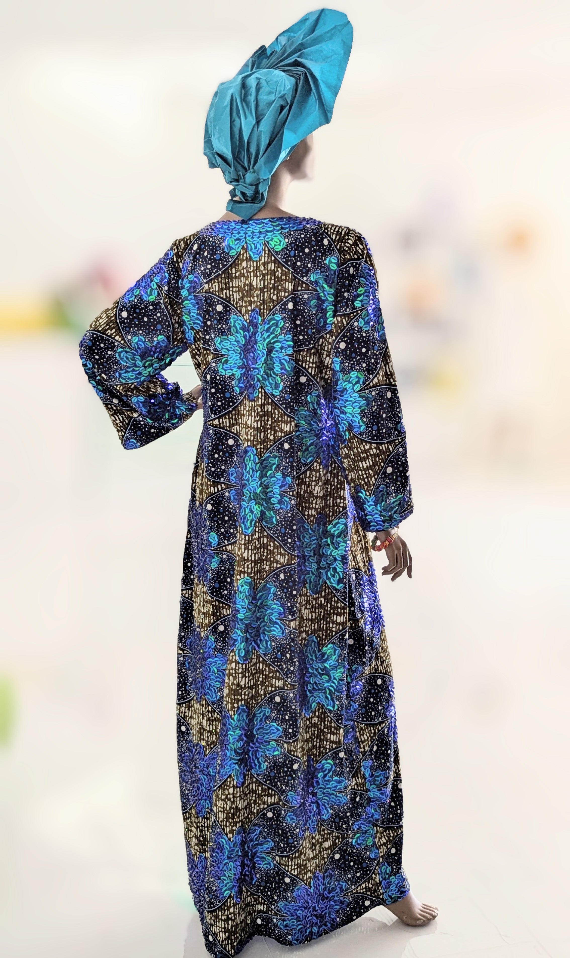 Dupsie's Uju Royal Blue teal sequined African print Ankara Kitenge dress DPXBTGAPD、mySite、solidvoid