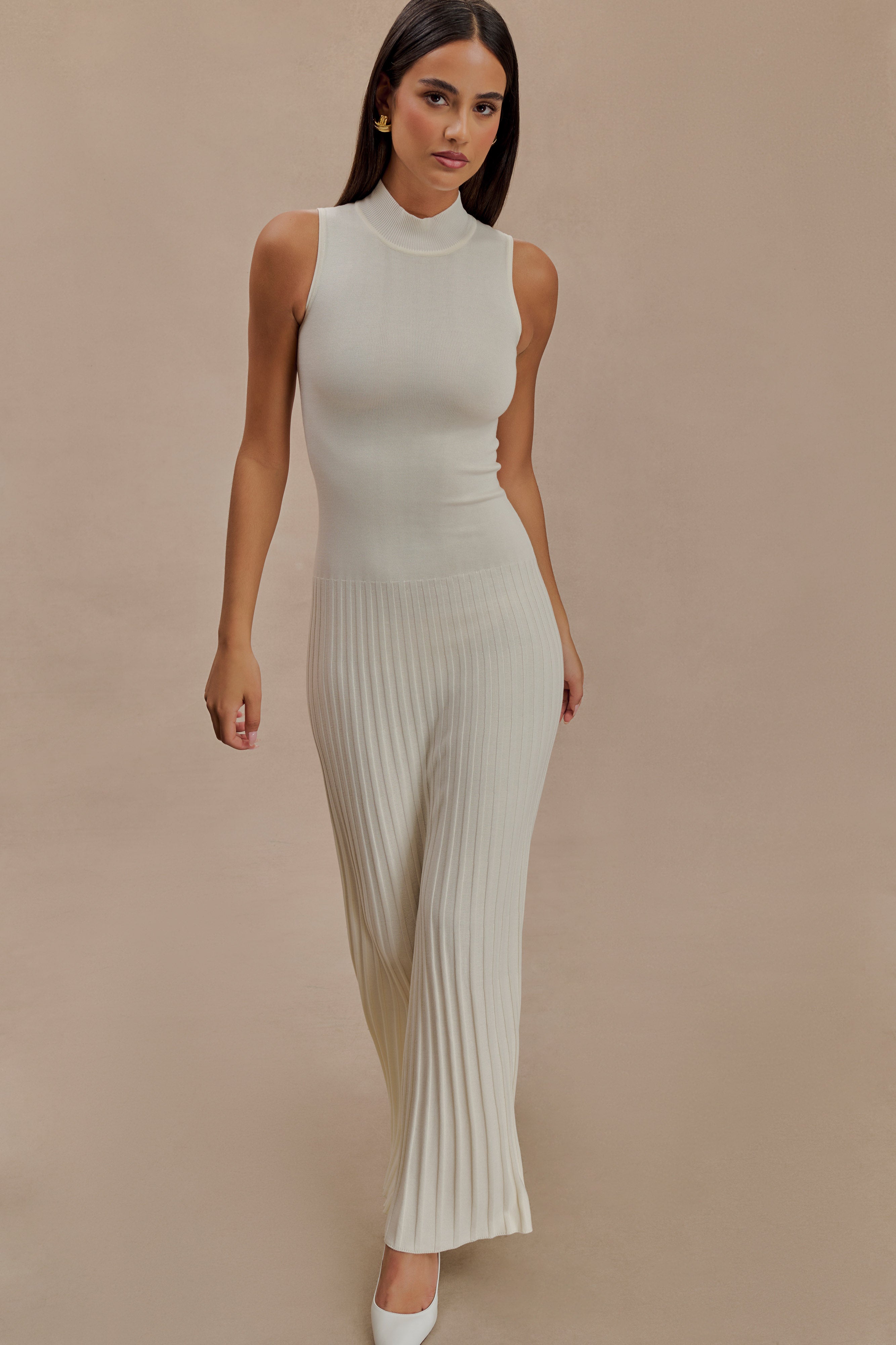 Mavis High Neck Pleated Maxi Dress - Ivory、mySite、solidvoid