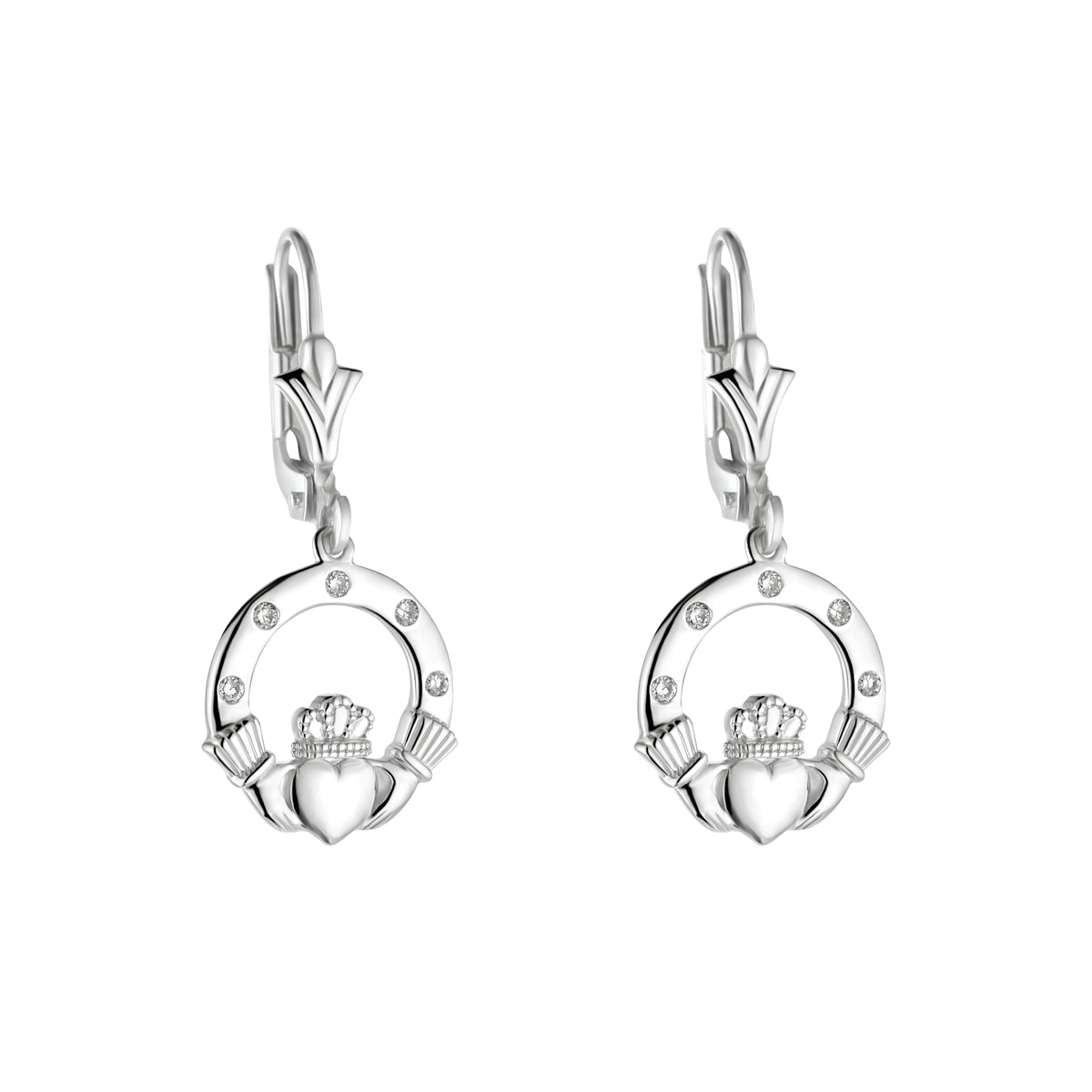  White Gold Flush Set Diamond Claddagh Drop Earrings