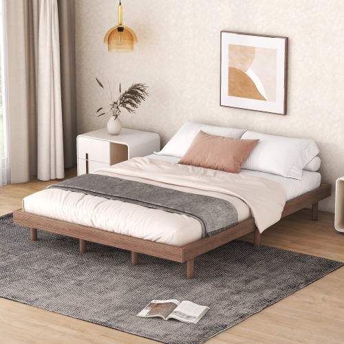 Modern Design Full Floating Platform Bed Frame for Walnut Color、、xpatfood