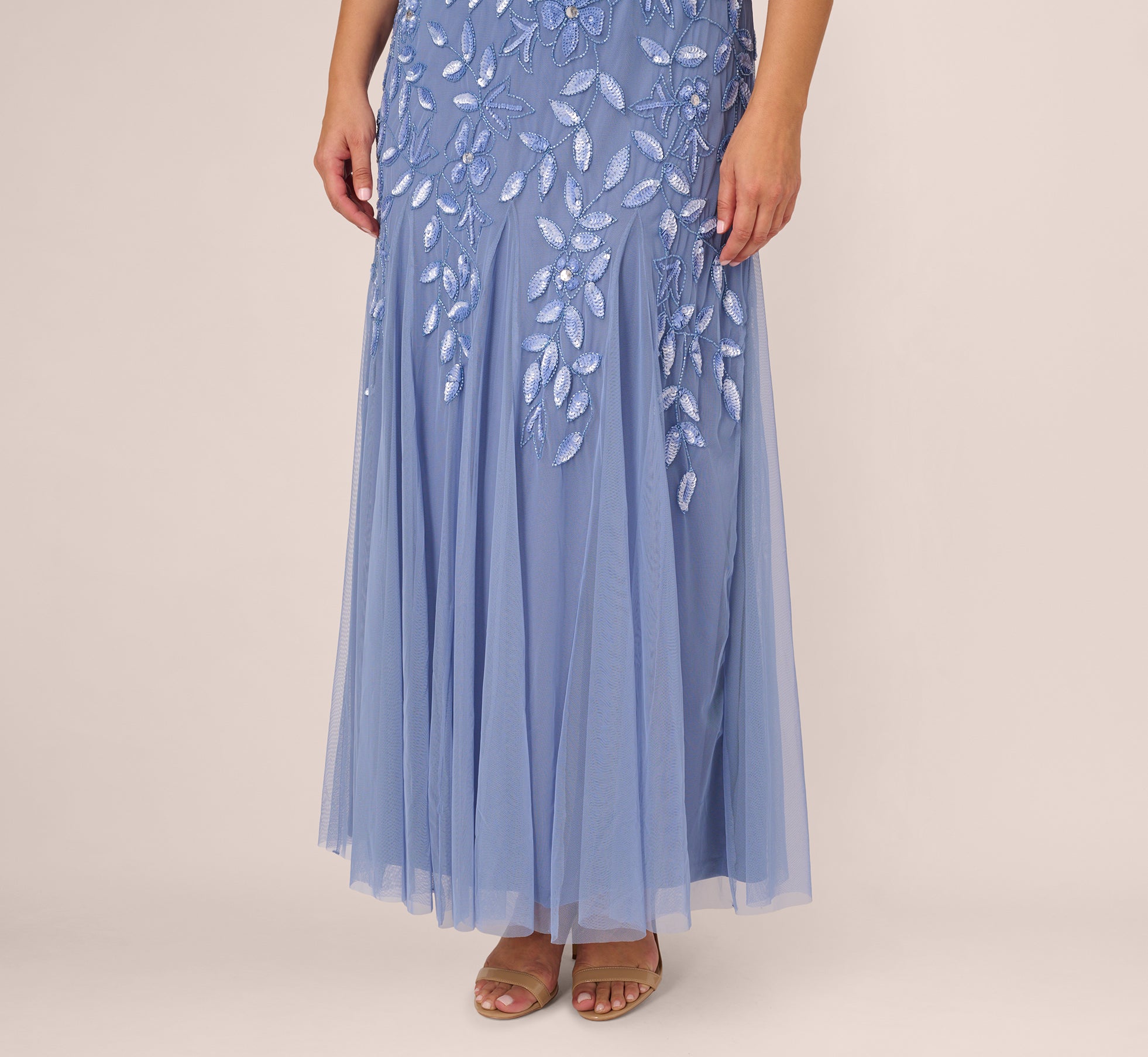 Plus Size Hand Beaded Short Sleeve Floral Godet Gown In French Blue、mySite、solidvoid