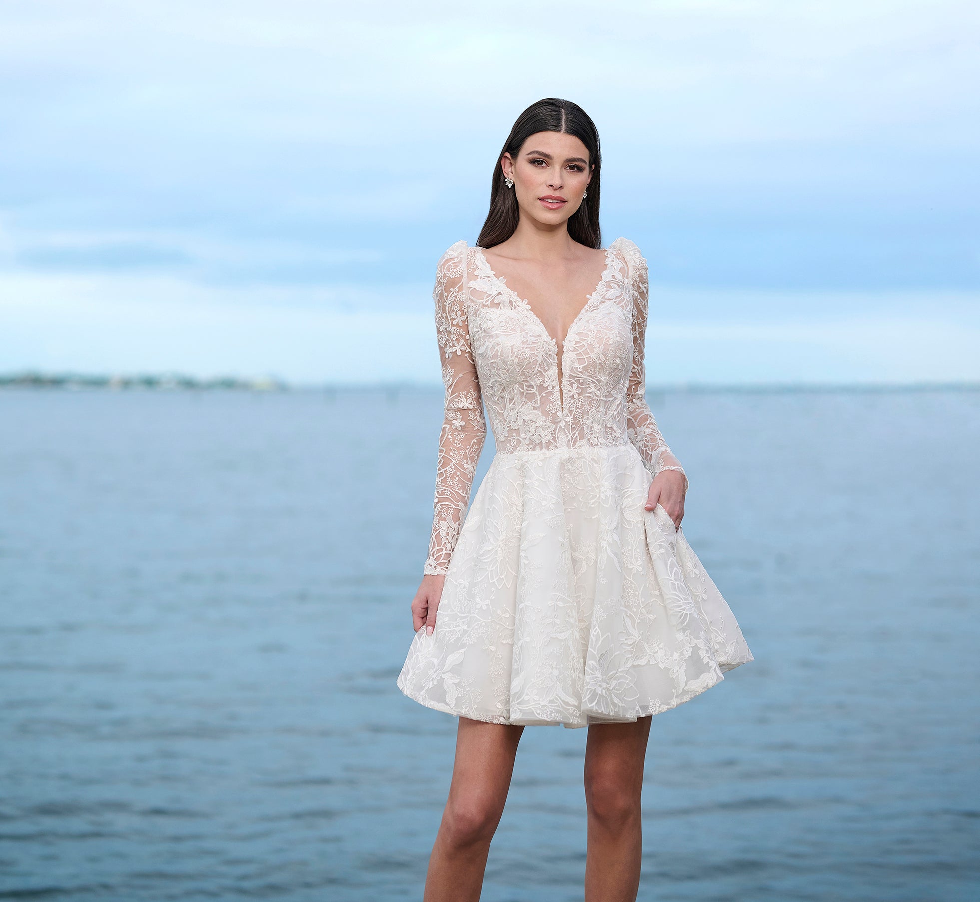 All Over Lace Short Skirt With Slight Puff Shoulders In Ivory Nude、mySite、solidvoid