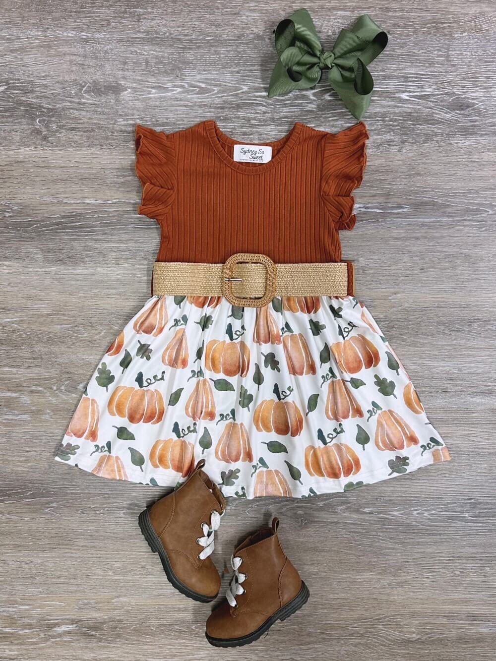 Hello Pumpkin Girls Short Sleeve Belted Dress、mySite、camillekostekn