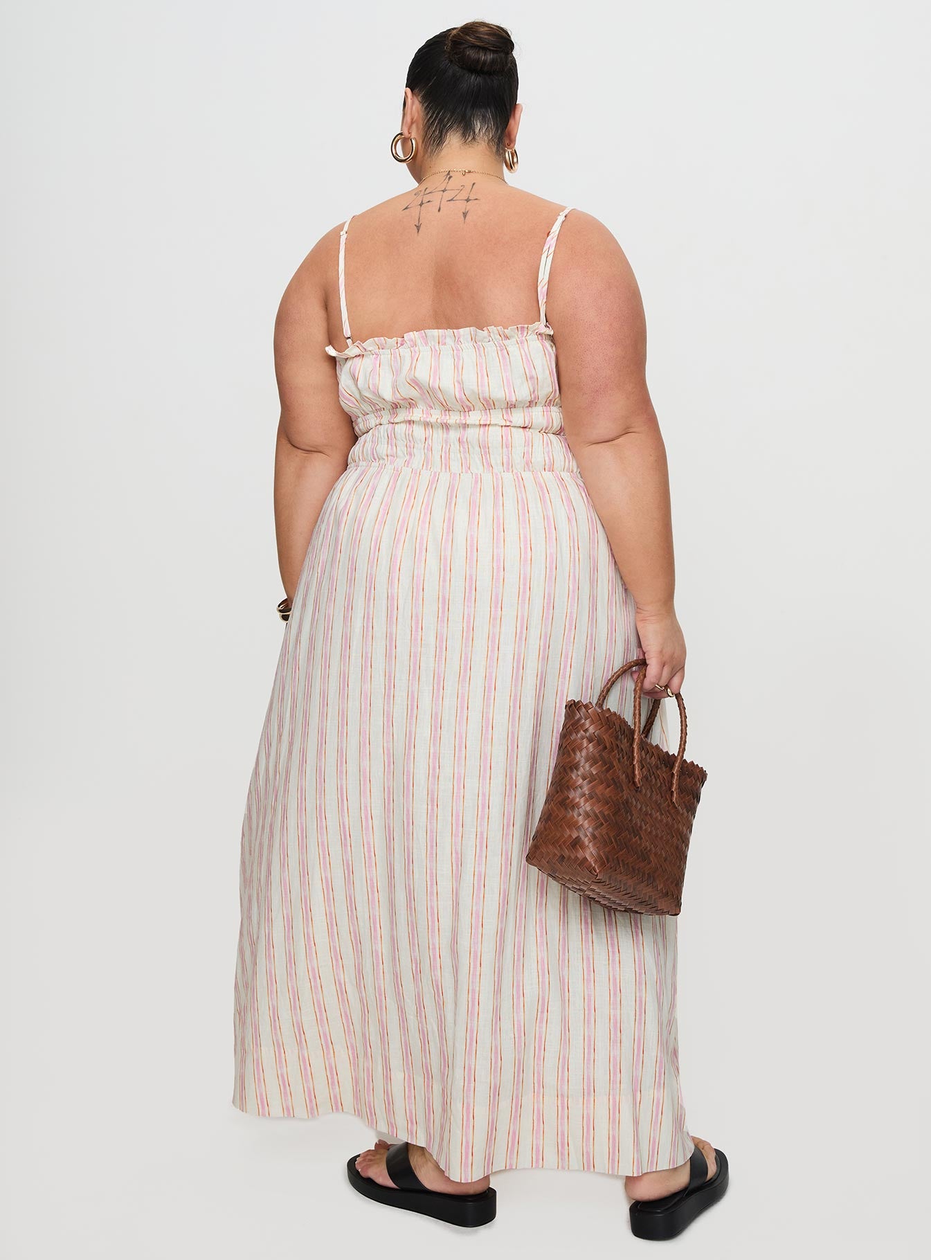 Persephone Shirring Linen Maxi Dress Pink Stripe Curve、mySite、solidvoid