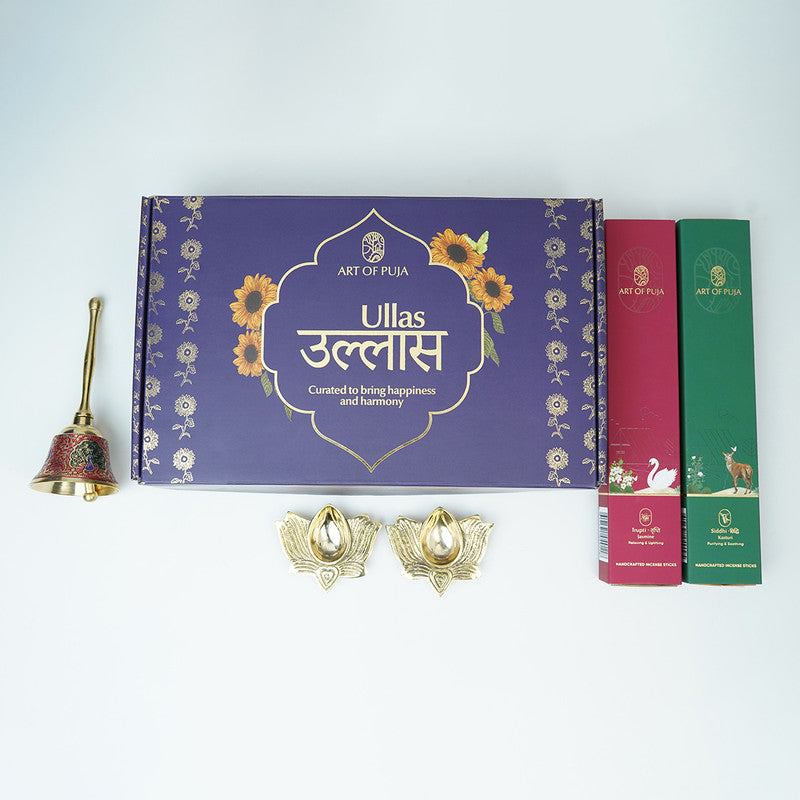 Wooden Festive Gift Box | Diyas, Pooja Bell & Incense Stick | Set of 5、mySite、camillekostekn