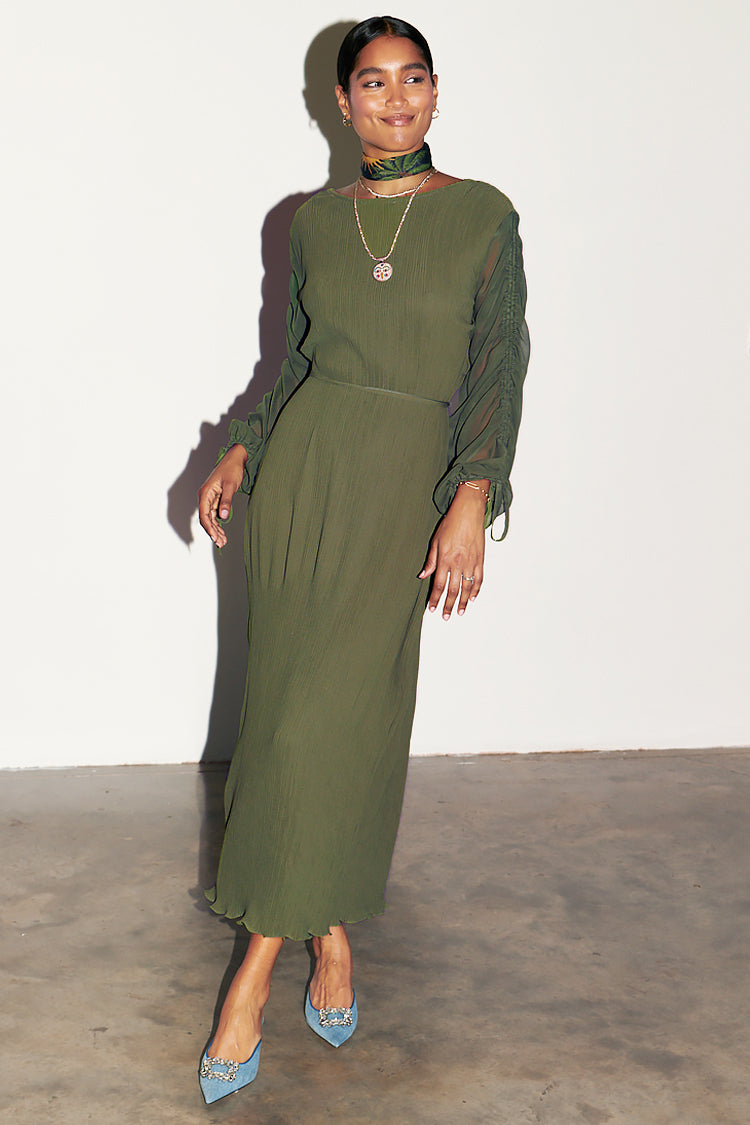 Khaki Celia Plisse Dress、mySite、solidvoid