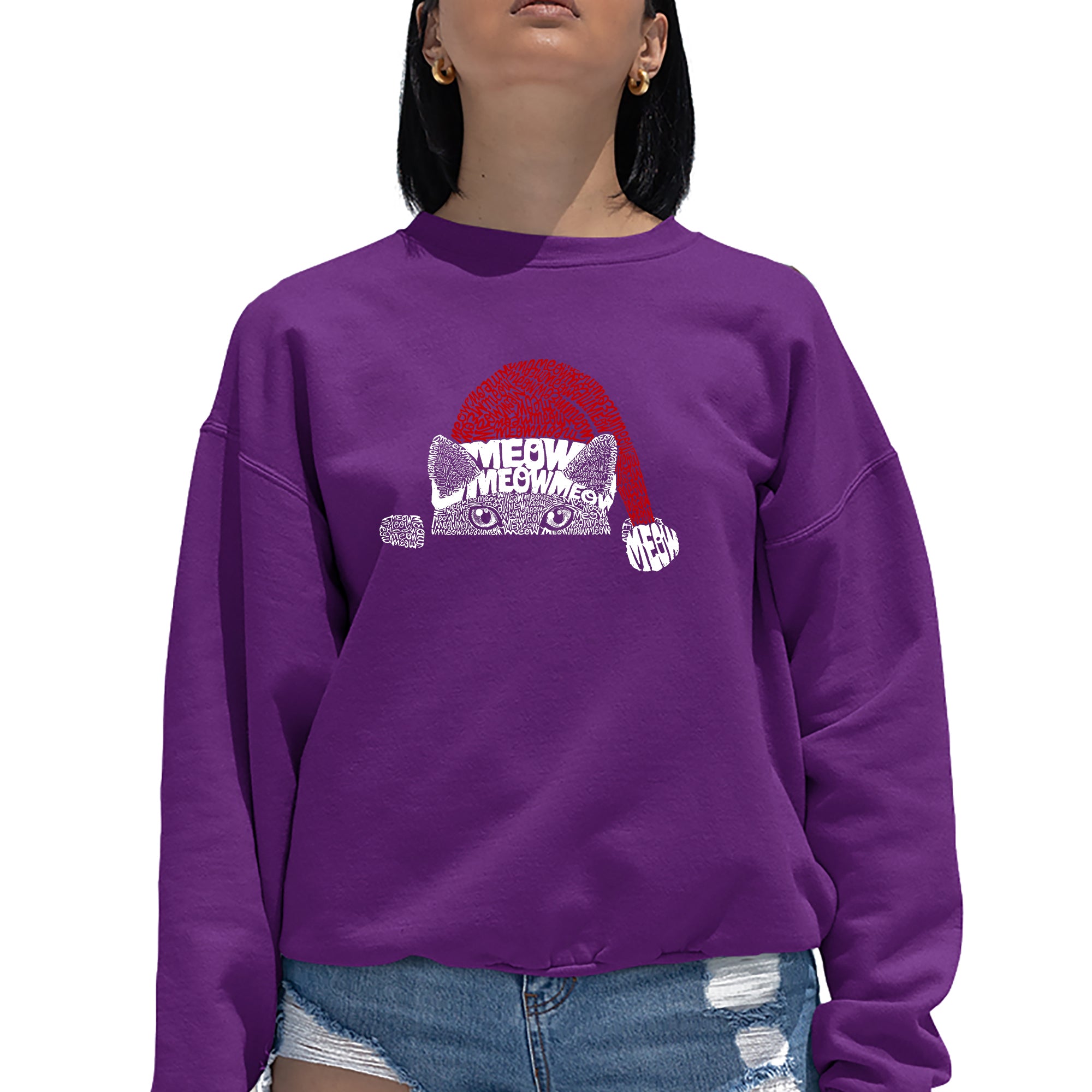 Christmas Peeking Cat - Women's Word Art Crewneck Sweatshirt、mySite、camillekostekn