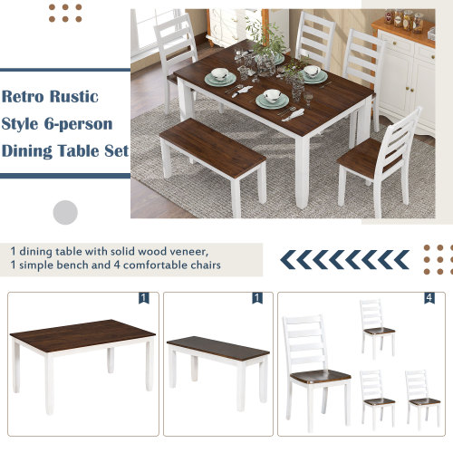 TREXM Rustic Style 6-Piece Dining Room Table Set with 4 Upholstered Chairs & a Bench (Brown + Whitewash)、、casual