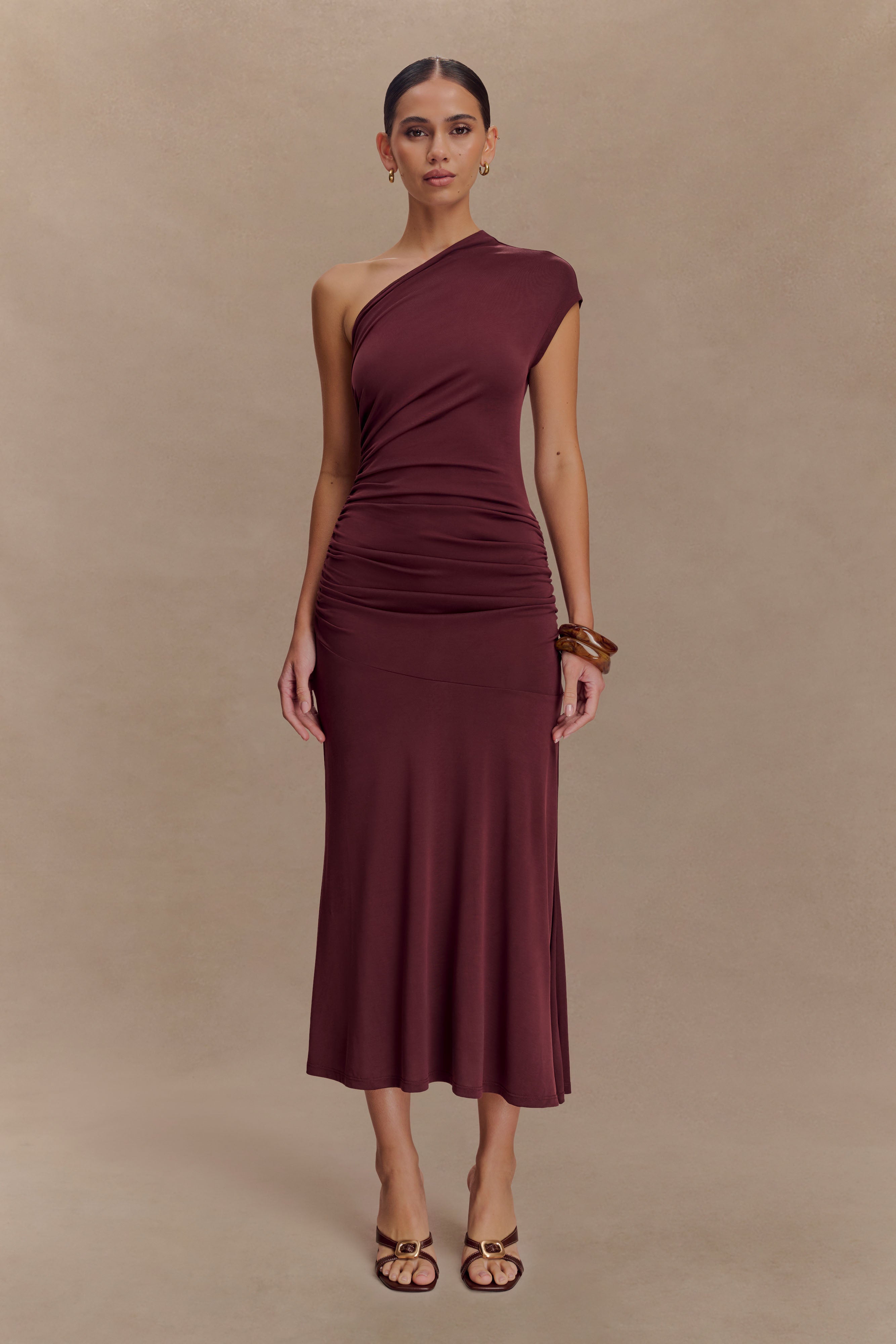 Chloe Peached Jersey One Shoulder Midi Dress - Mahogany、mySite、solidvoid