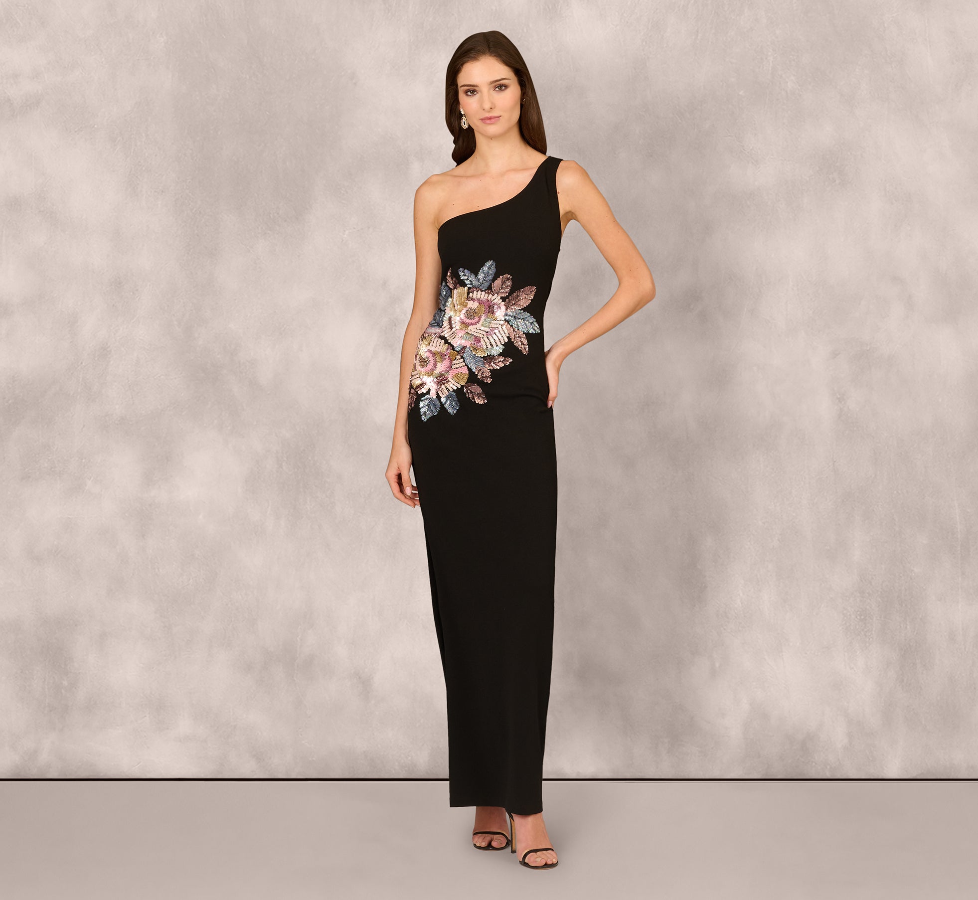 One Shoulder Beaded Floral Detail Long Dress In Black、mySite、solidvoid