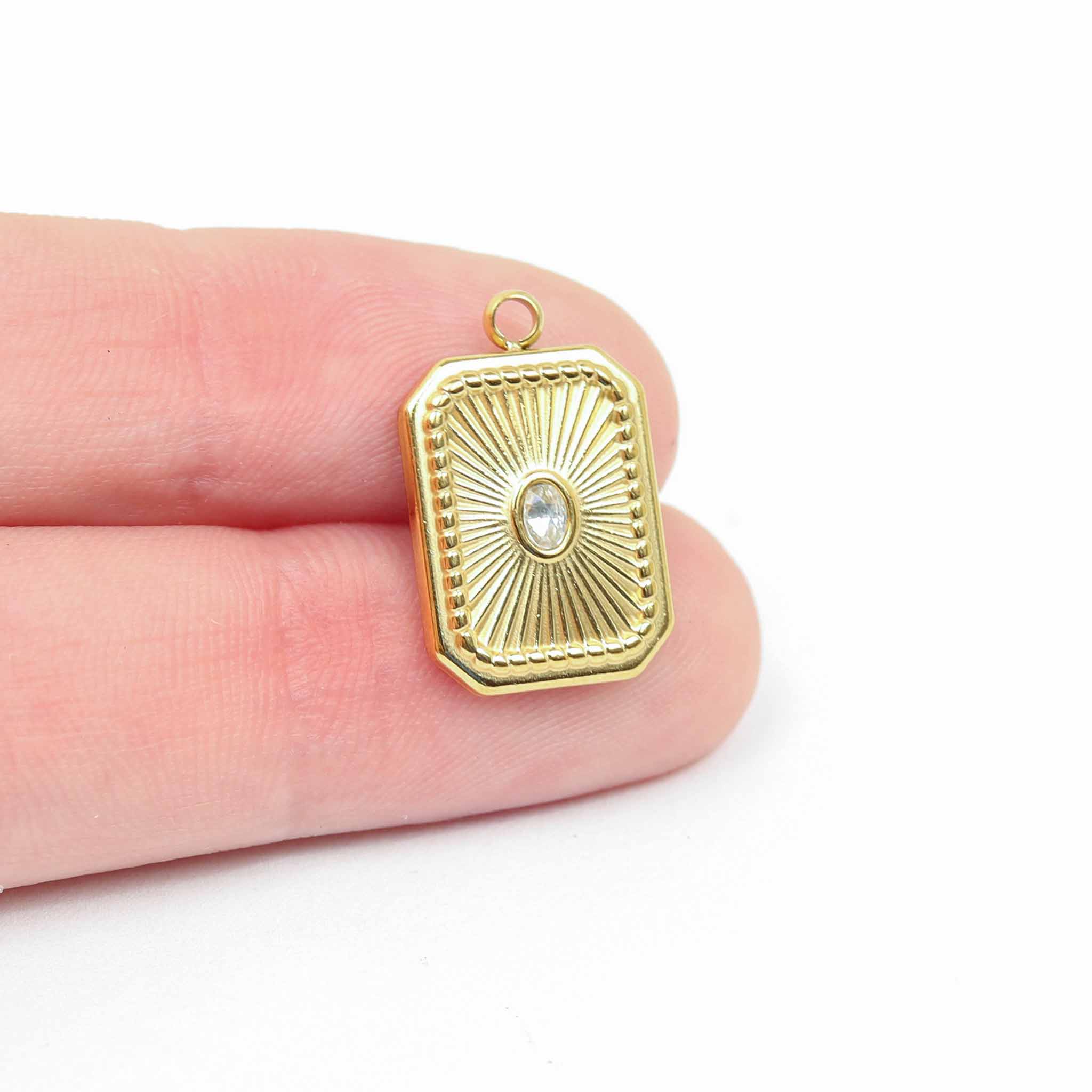 18K Gold PVD Stainless Steel Rectangle Sunburst Crystal Charm / PDL0128、mySite、dreamappss