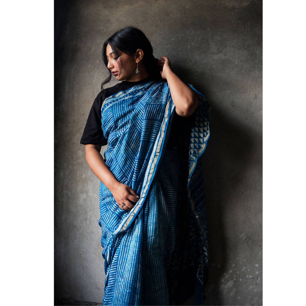 Natural Dyed Blue Dabu Printed Chanderi Saree、mySite、camillekostekn