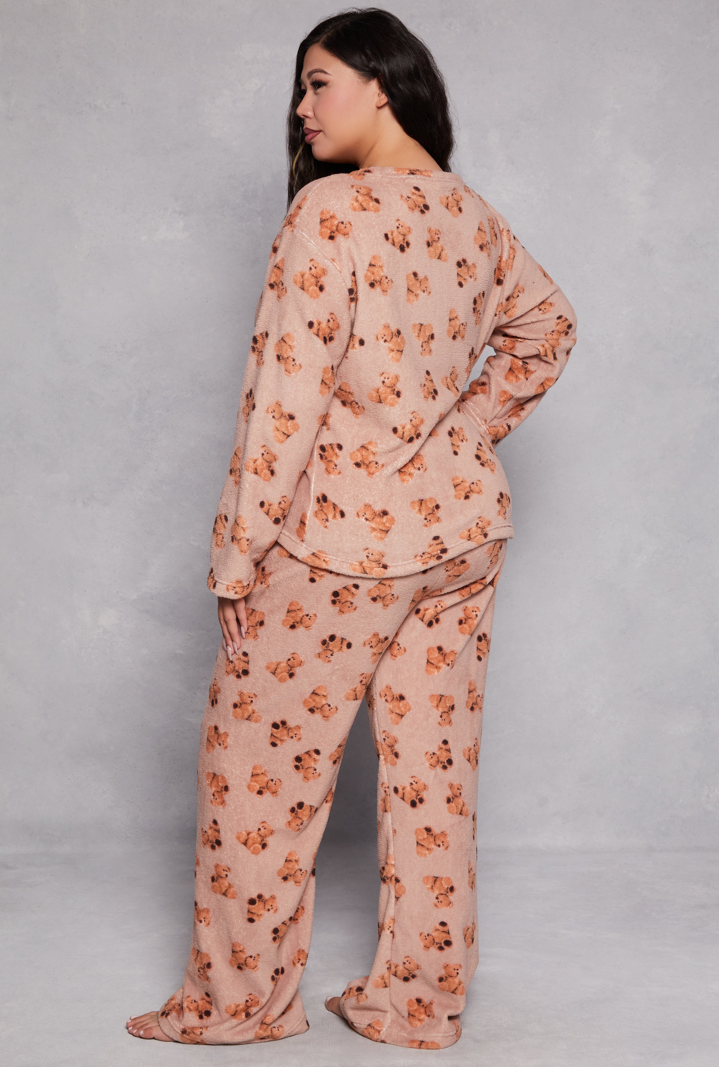 Plus Size Teddy Bear Print Pajama Top and Pants Set、mySite、camillekostekn