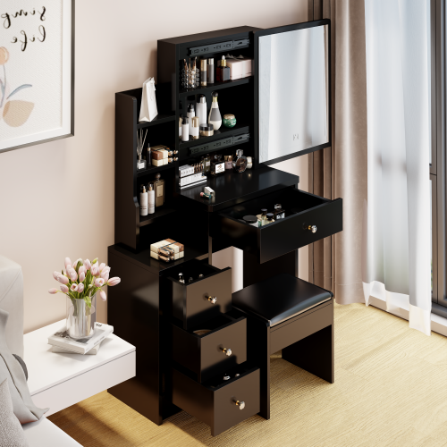 29.2" Small Size Left Bedside Cabinet Vanity Table + Cushioned Stool, Large Sliding, Touch Control, Tri-color Switching, Brightness Adjust LED Mirror, High Capacity Storage, Suitable for Small Space、、xpatfood