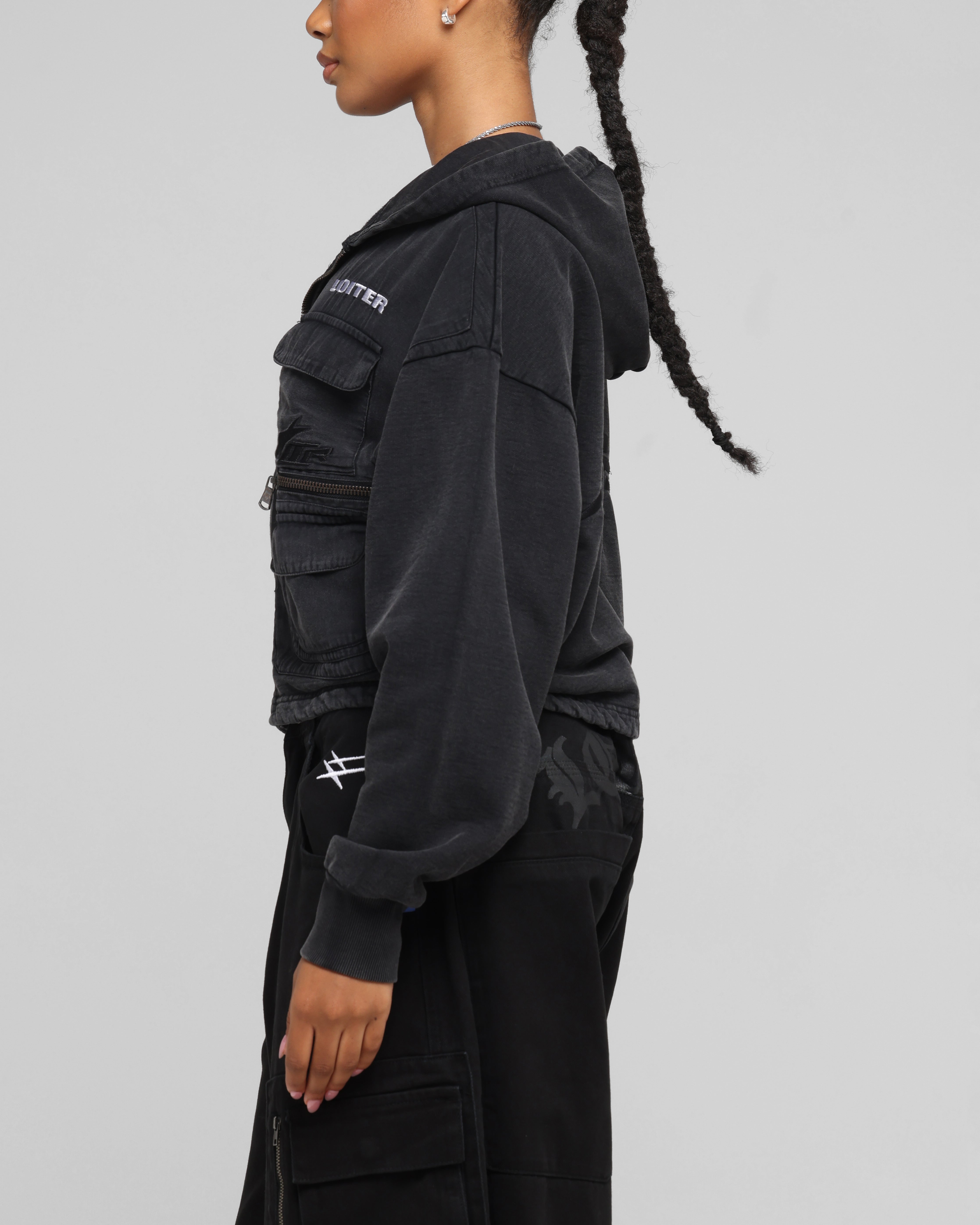 Loiter Women's Utility Cropped Hoodie Washed Black、mySite、zt4zffjzw