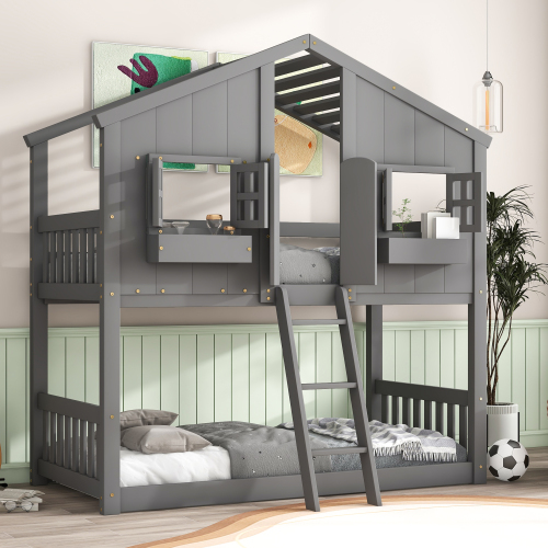 Twin over Twin House Bunk Bed with Roof , Window, Window Box, Door , with Safety Guardrails and Ladder,White、、casual