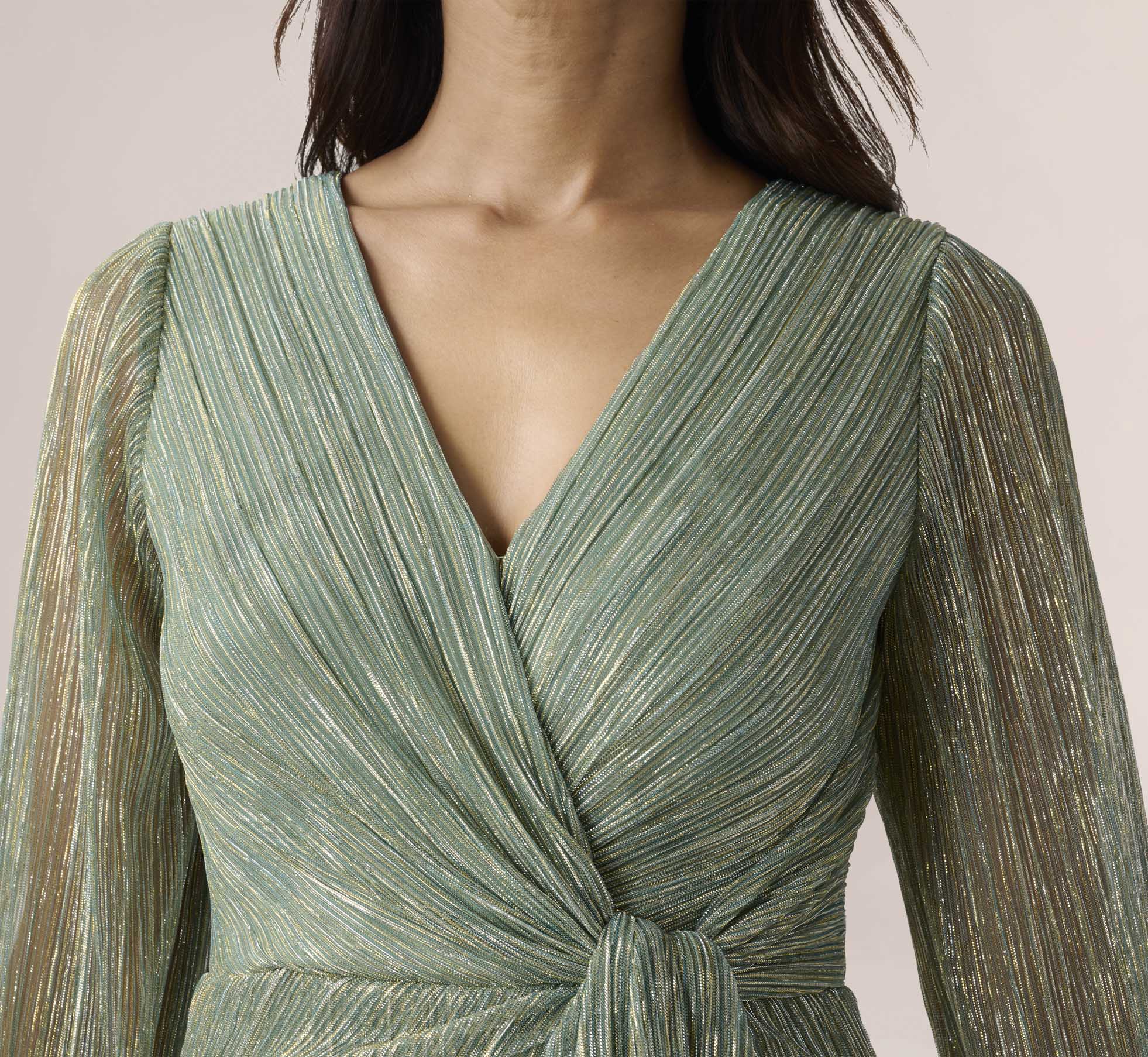 Metallic Crinkled Mesh Draped Long Gown In Green Slate、mySite、solidvoid