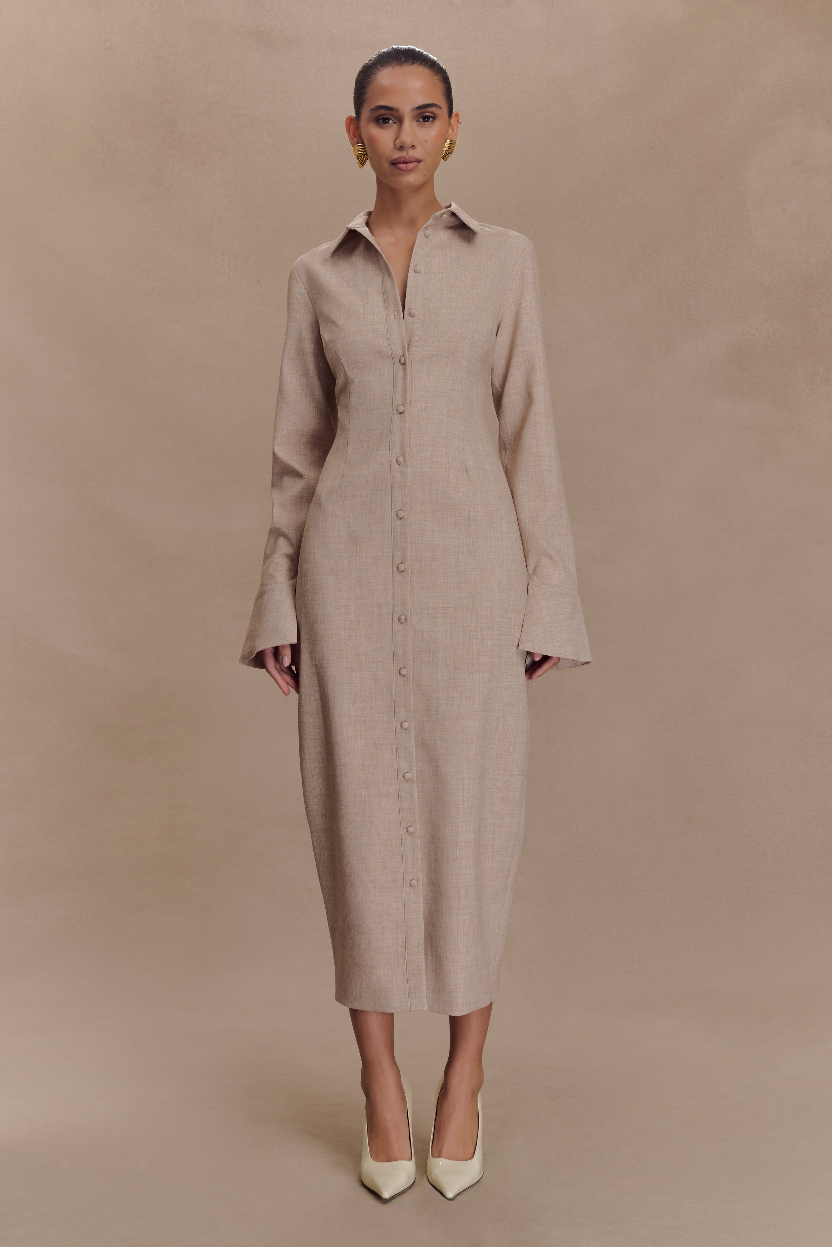 Dorian Fitted Shirt Midi Dress - Wheat Marle、mySite、solidvoid