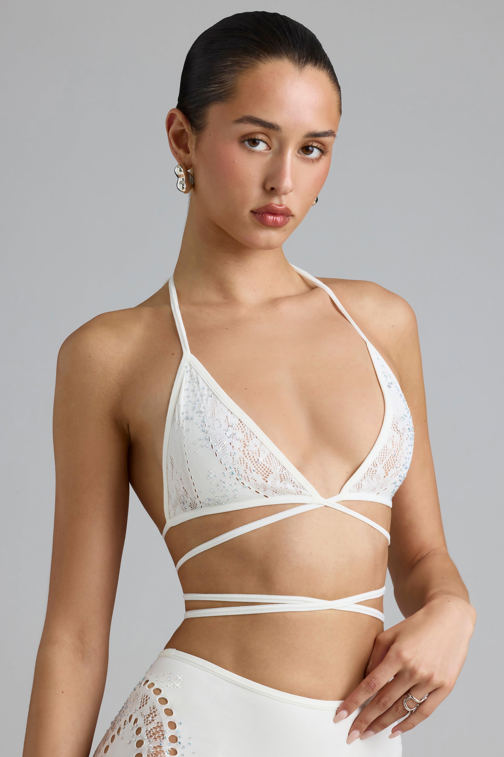 Embellished Cross-Strap Bikini Top in Ivory、mySite、solidvoid