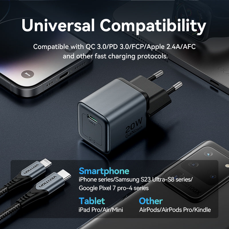 Vention 1-Port USB-C GaN Charger (20W) Gray with USB-C to Lightning Cable (1M) Black EU-Plug、mySite、fannypackpong