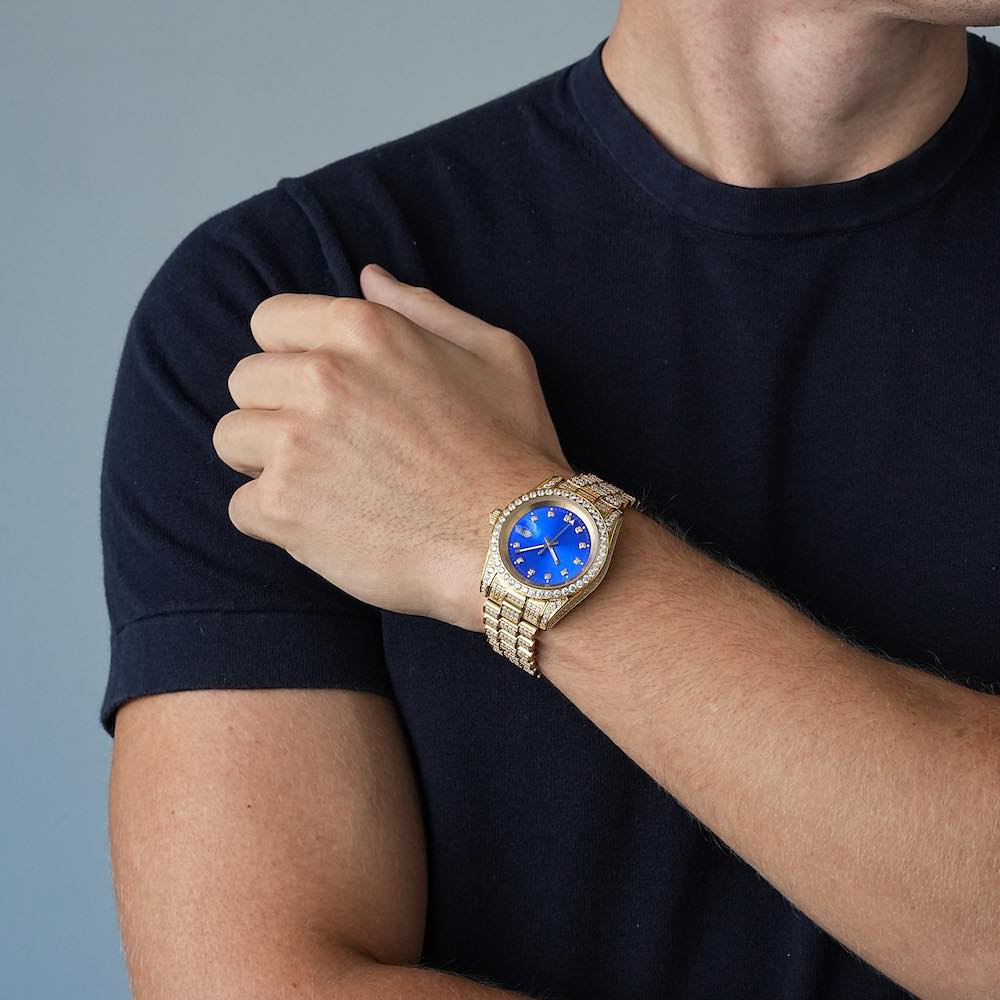 Moissanite Presidential Watch | Blue Face | 41MM | 13.3CT Iced Out | 14K Yellow Gold、mySite、hinf8tx79