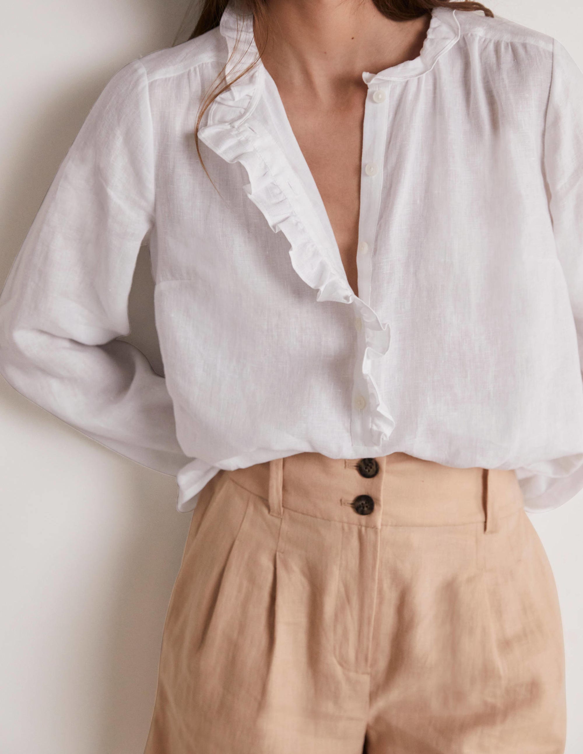  Ruffle Linen Popover Blouse-White、mySite、ashleygrahame
