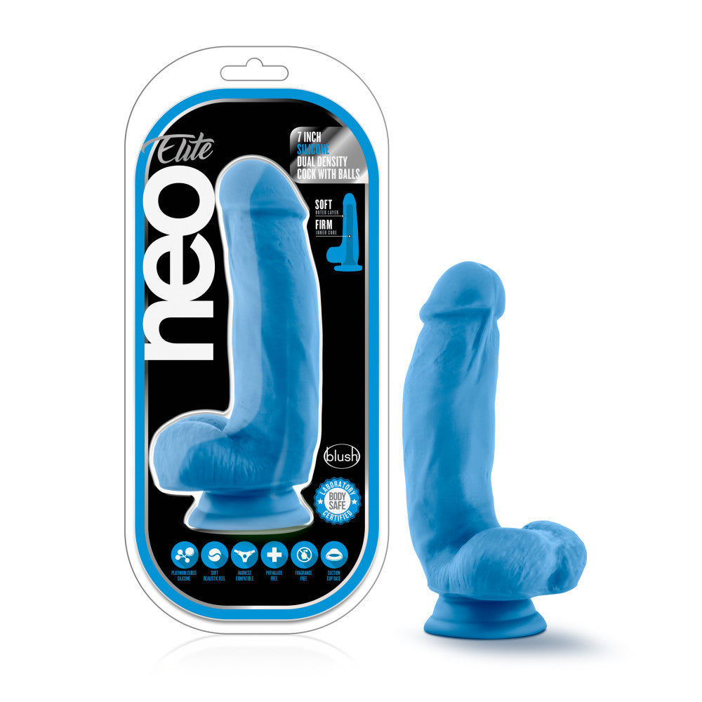 Neo Elite By Blush® | Neon Blue: 7-Inch Long Dildo - Made with Purio™ Silicone & SensaFeel® Dual Density Realistic Technology、mySite、bottomscart