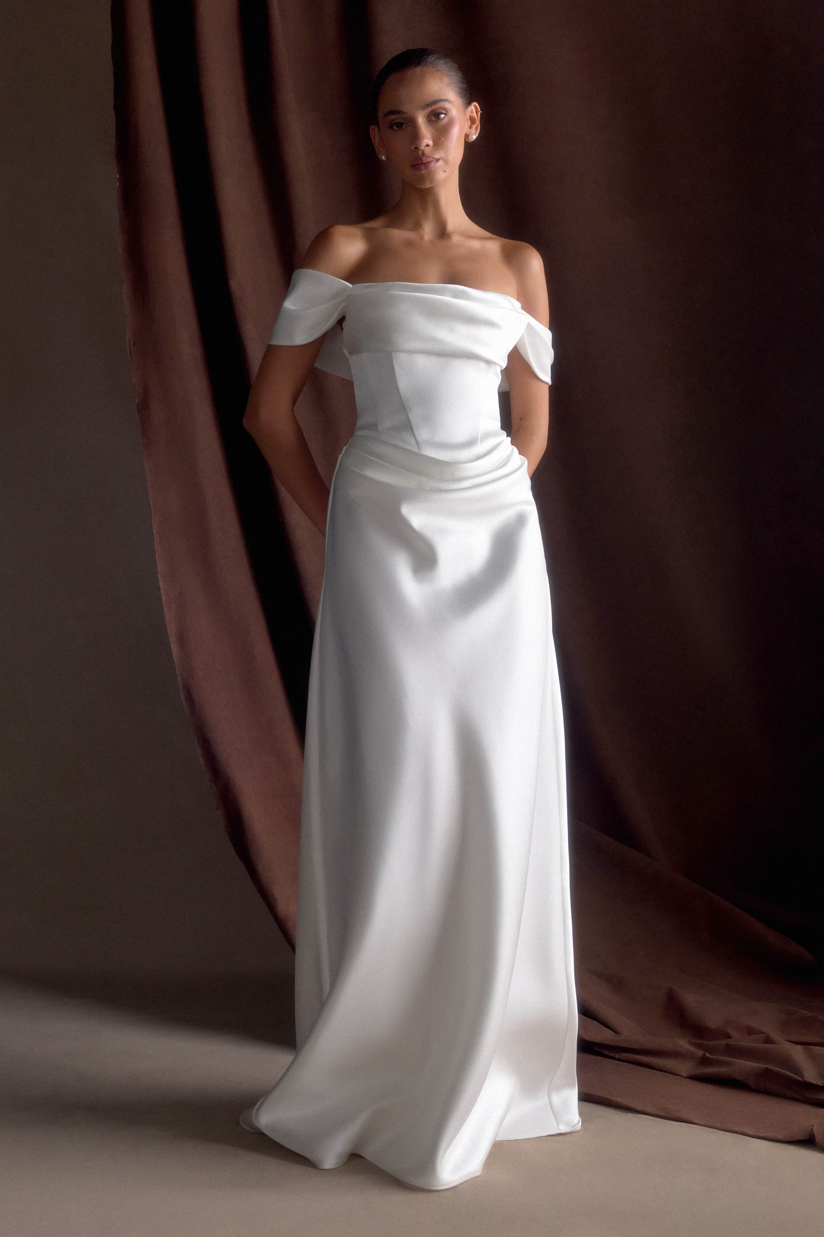 Luna Satin Off Shoulder Gown - White、mySite、solidvoid