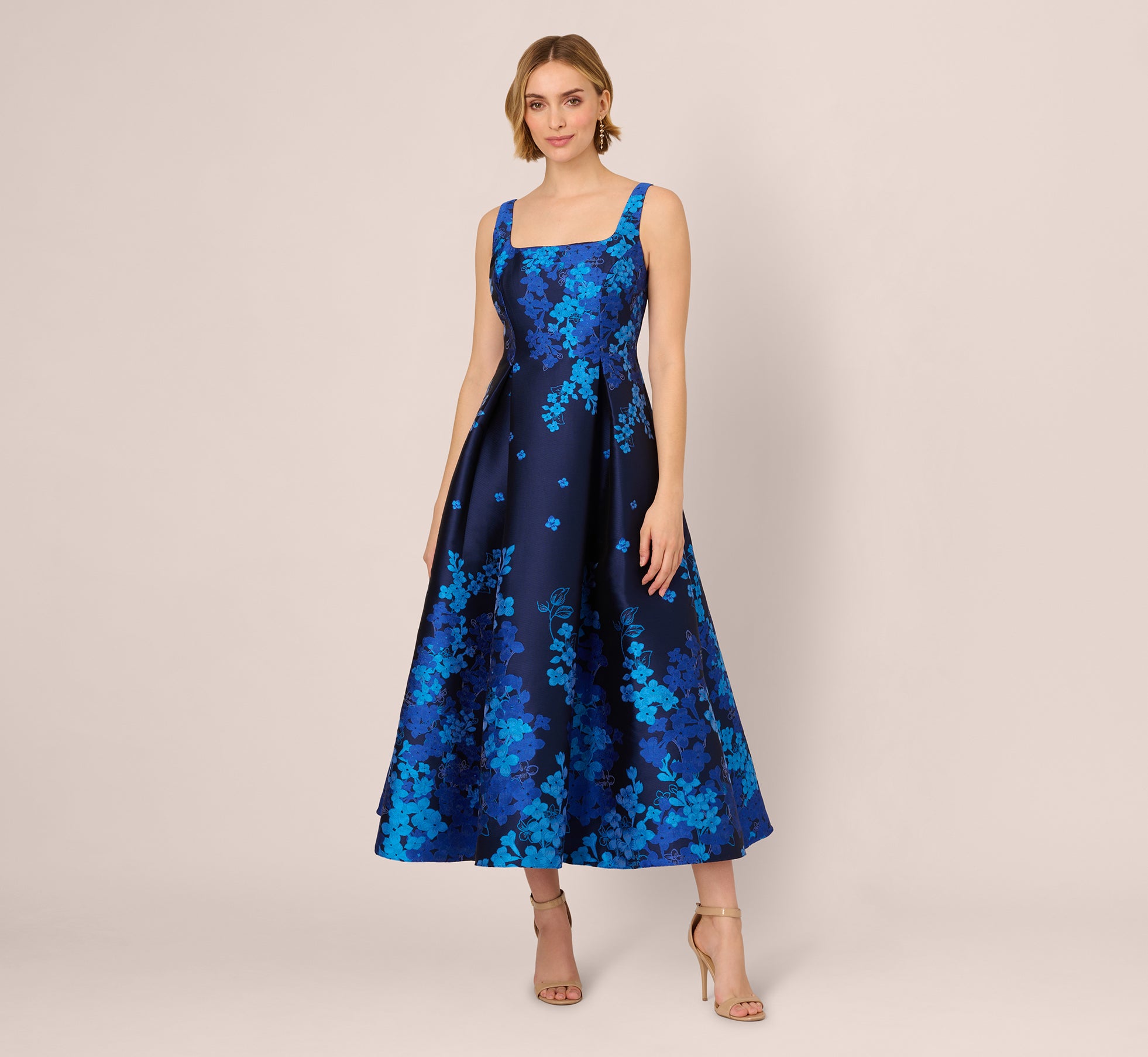 Sleeveless Square Neck Floral Jacquard Midi Dress In Blue Multi、mySite、solidvoid