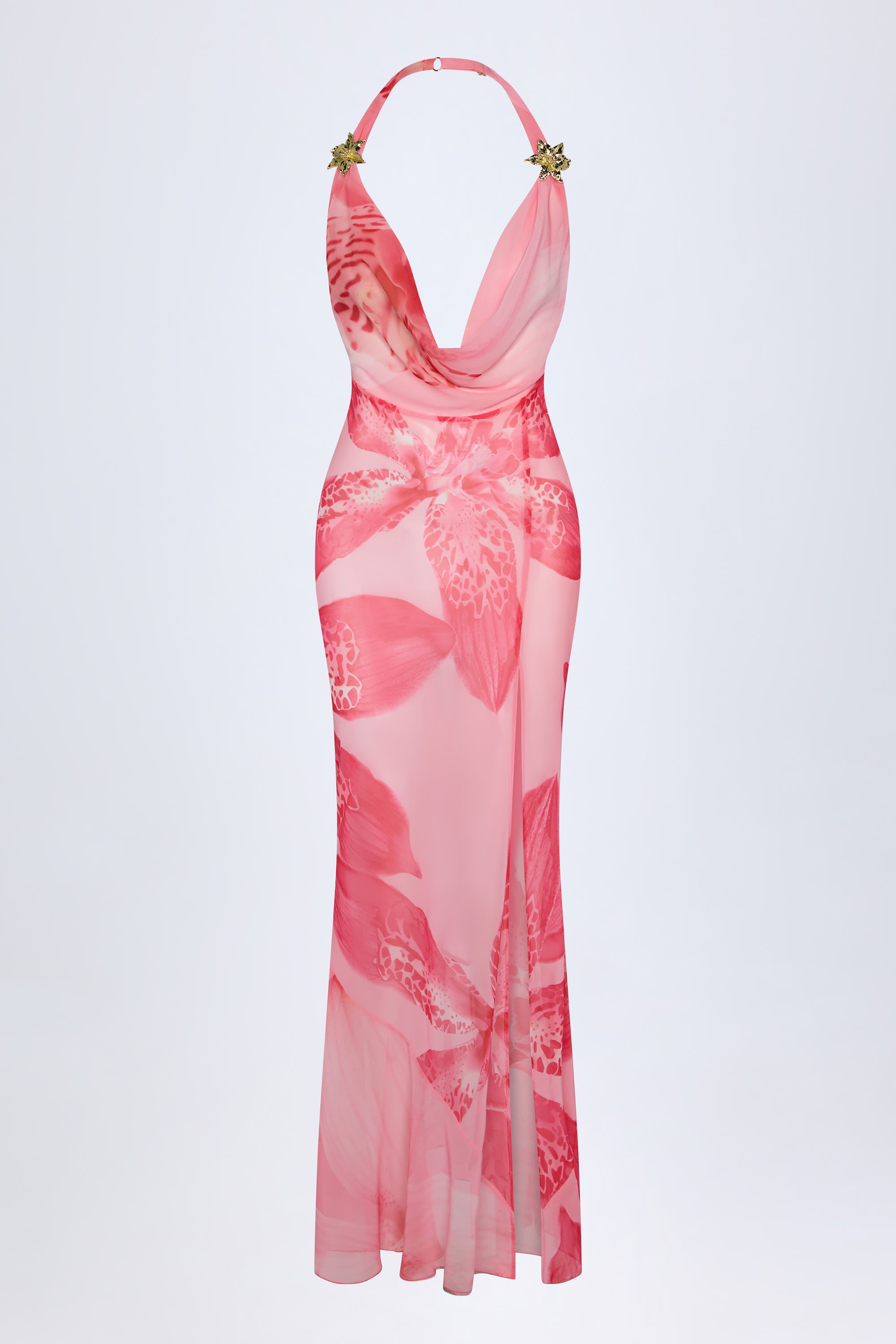  Cowl-Neck Hardware-Detail Maxi Dress in Pink Orchid Print、mySite、sugarbowlscore