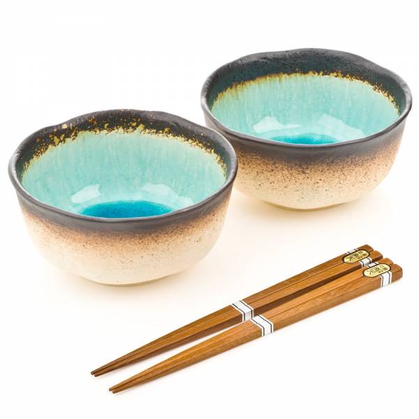 Blue Crackleglaze Ceramic Bowl Set with Chopsticks、mySite、topwebapps