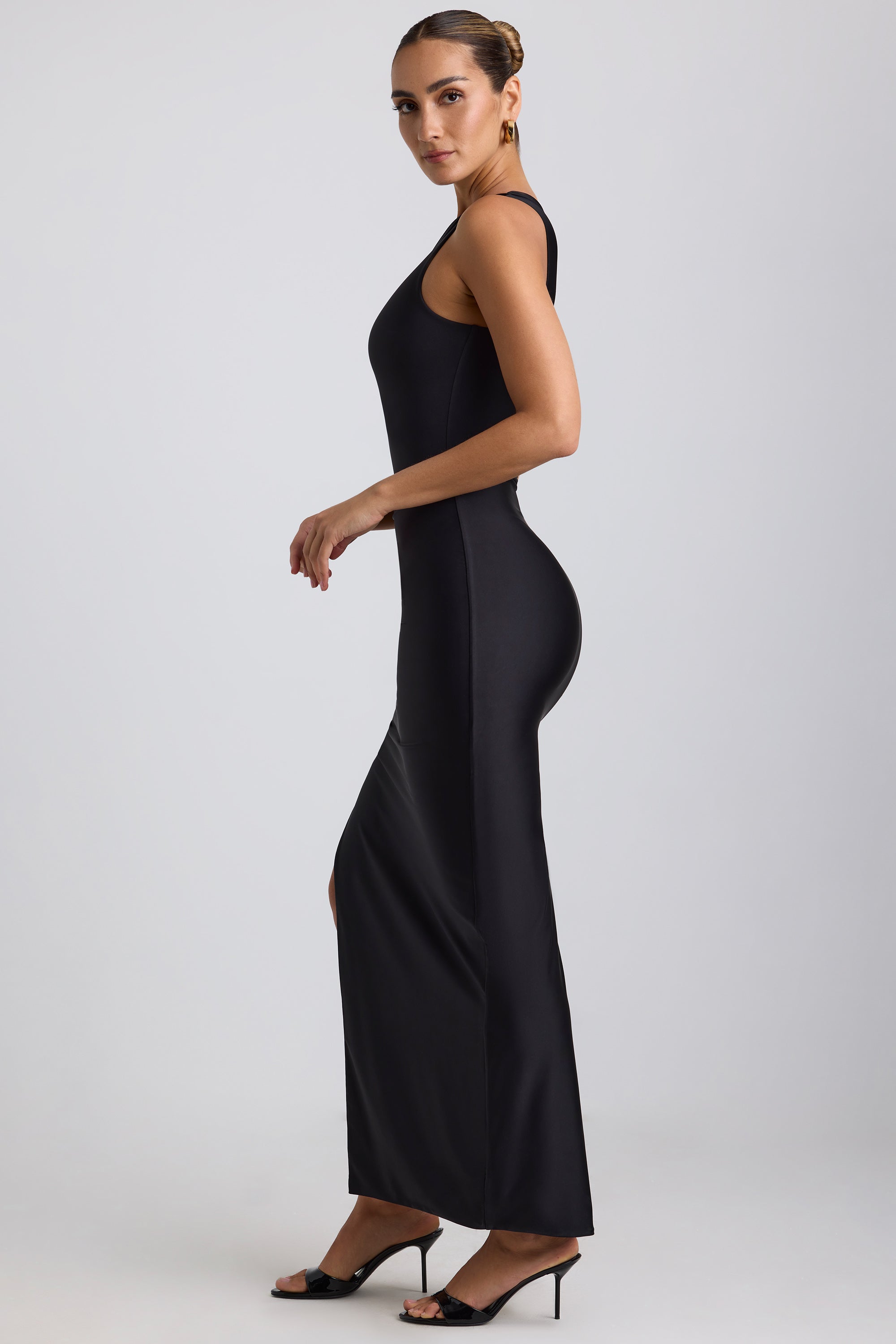 Ruched Asymmetric One-Shoulder Maxi Dress in Black、mySite、solidvoid