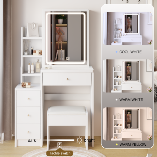 29.2" Small Size Left Bedside Cabinet Vanity Table + Cushioned Stool, Large Sliding, Touch Control, Tri-color Switching, Brightness Adjust LED Mirror, High Capacity Storage, Suitable for Small Space、、xpatfood